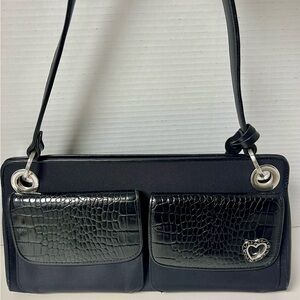 Brighton Long Handle East West Black Leather Purse w Heart Charm Capsule Classic